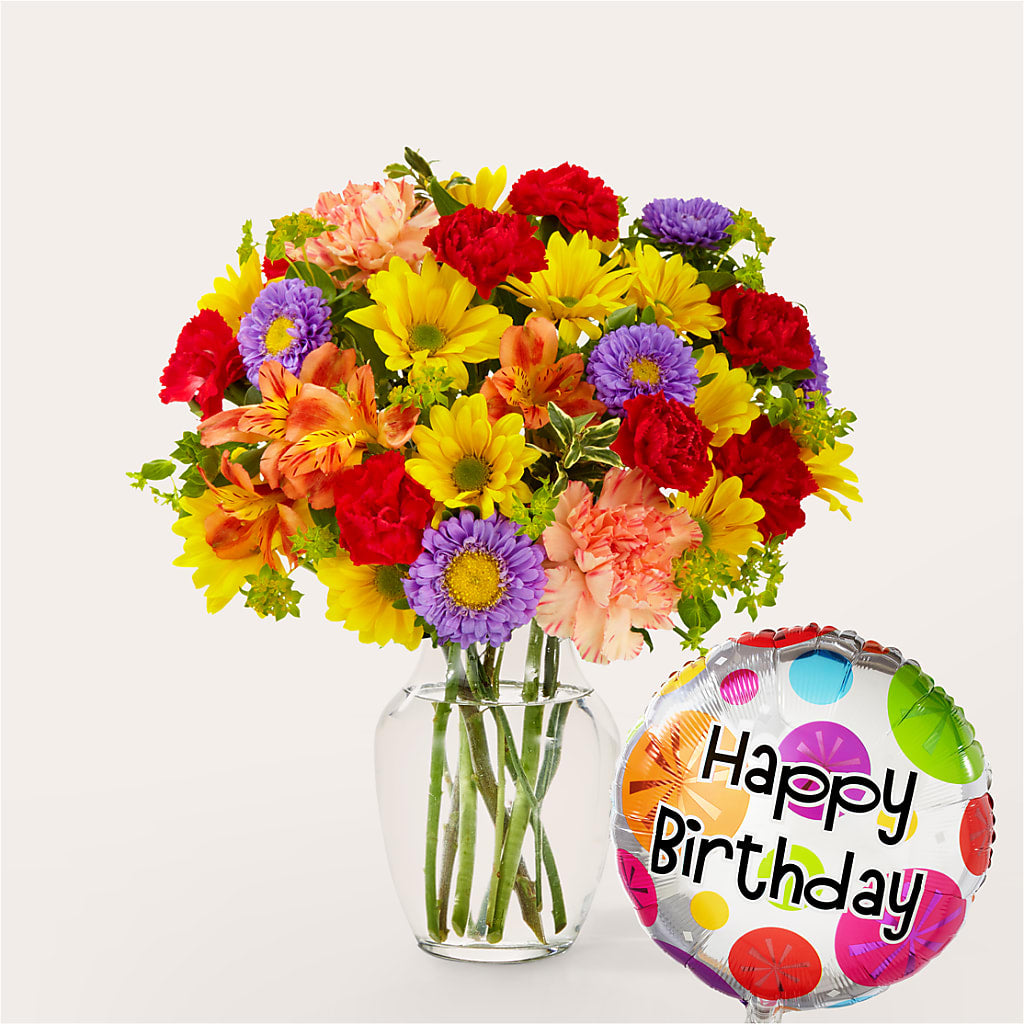 Kaleidoscope Bouquet with Birthday Balloon – Buds N Bows, North Little Rock AR