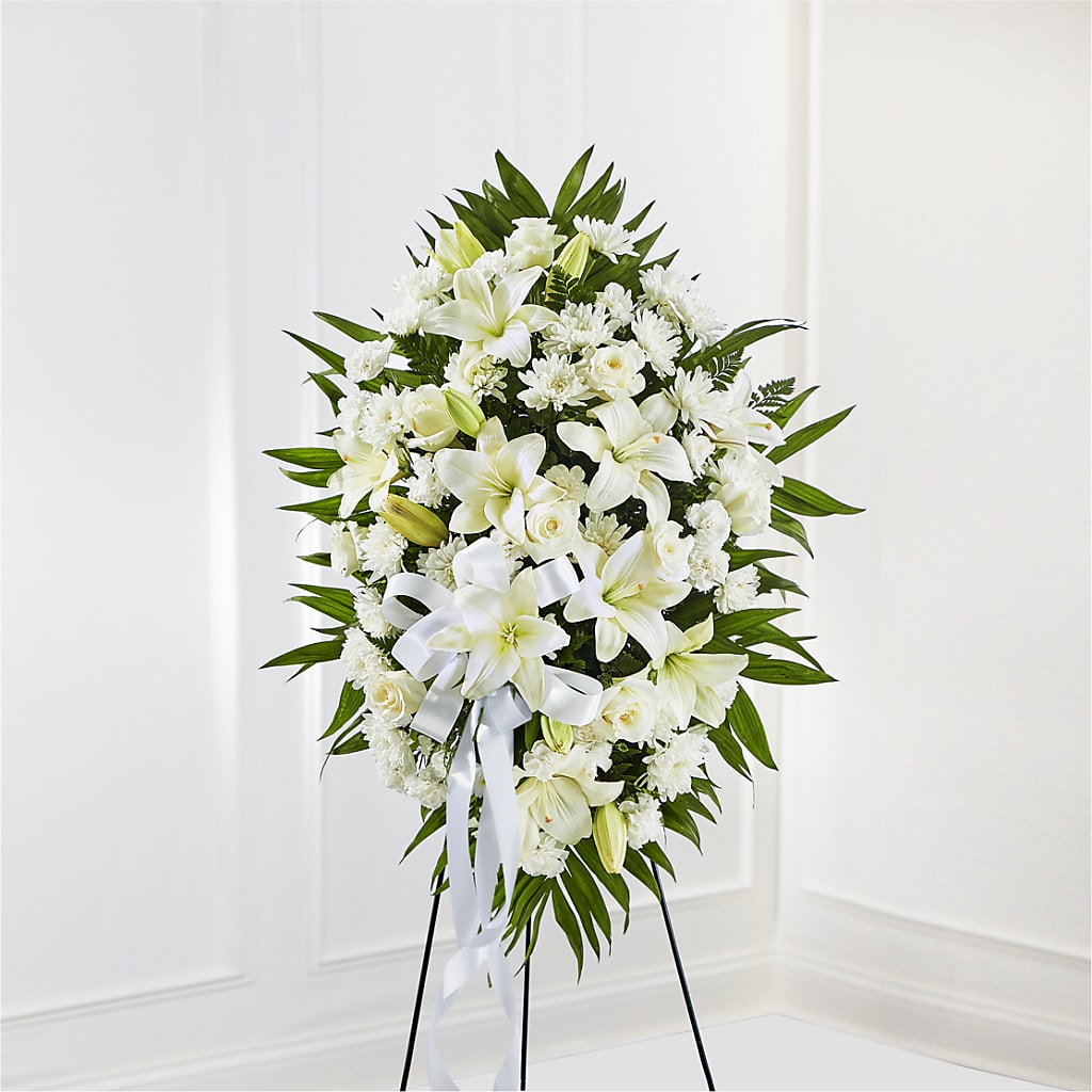Exquisite Tribute Standing Spray-White Ribbon – Buds N Bows, North Little Rock AR